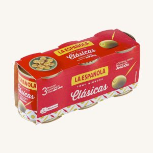 La Española Green olives stuffed with anchovies, Clásicas, manzanilla variety, pack of 3 mini cans x 50 gr drained