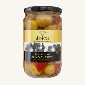 Jolca Classic Seasoned Pitted Gordal Olives with garlic & peppers, from Seville, jar 680g front