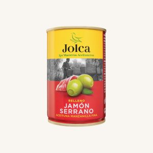 Jolca Green manzanilla olives stuffed with serrano ham (jamón), from Seville, can 130g drained